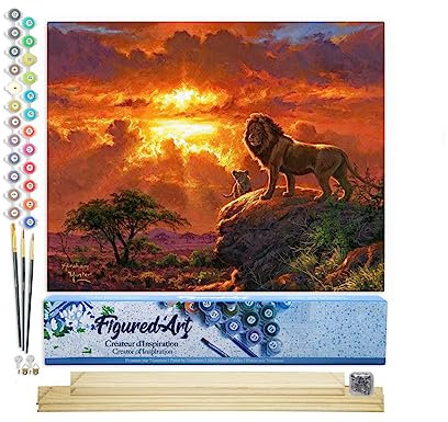 Figured'Art Peinture par Numéro Adulte Lion au Coucher de Soleil - Activité Manuelle Kit de Loisir Créatif DIY Numéro d'Art Complet - 40x50cm avec châssis en bois à monter