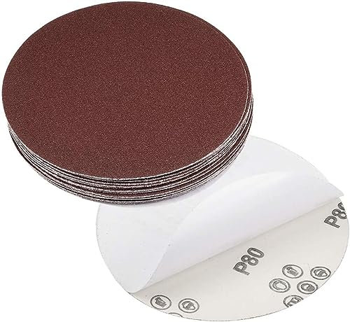 TA-VIGOR 20 dischi abrasivi PSA da 150 mm, grana 80 da 15 cm, senza fori, con gancio e anello, dischi abrasivi autoadesivi in ossido di alluminio, per levigare legno, vernice, plastica e metallo