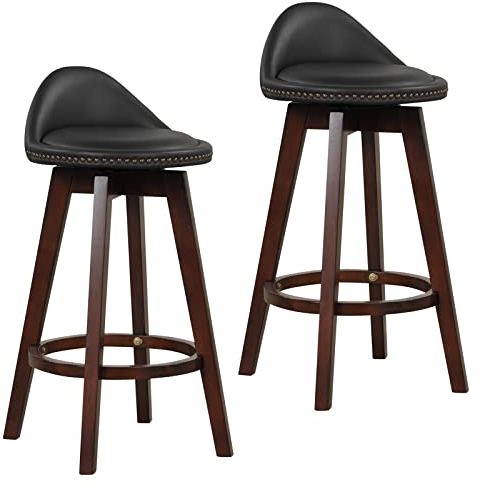 HOMASIS 2er Set Barhocker 360° drehbar, ergonomische Barstühle mit Rücklehne & Fußstützen, Küchenstuhl aus Holz & Kunstleder, industrieller Tresenhocker mit 74cm, Bistrohocker für Küche & Bar, Schwarz