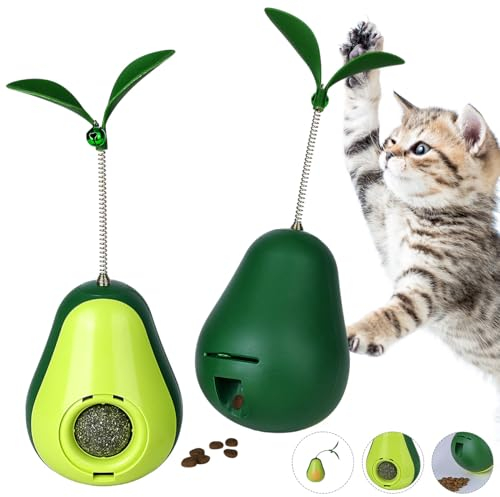 Pawaboo 2 Stück Katzenminze Stehauf Katzenspielzeug, Katzenspielzeug für Langsam Fütterung, Avocado Form Ballspielzeug für Katze Kätzchen, Interaktiv Glockenspielzeug mit verstellbarem Futterloch