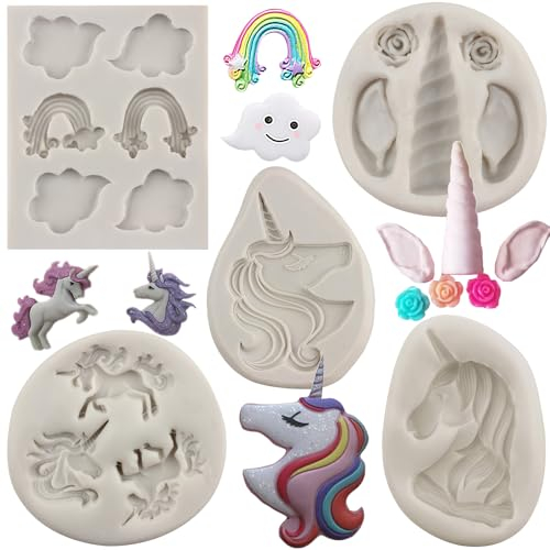 MYPRACS Set di 5 stampi in silicone a forma di unicorno, arcobaleno, nuvola, fondente, corno, orecchie di unicorno, cioccolato, per decorare torte, cupcake, pasta di gomma, argilla polimerica