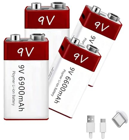 WILLQ 9-V-Lithiumbatterien, wiederaufladbar, 6900 mAh, 9-Volt-Lithium-Ionen-Akku mit USB-Ladekabel für E-Gitarre/Mikrofon/Rauchmelder/Detektor und mehr,9v6900mah 4pcs