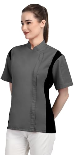 Kurzärmelige Kochjacke mit Reißverschluss für Damen, mit seitlichem Netz, ideal für Caterer und kulinarische Profis, grau, 48