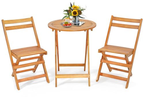 GOPLUS Juego de Mesa y Sillas Plegables de 3 Piezas, 2 Sillas & 1 Mesa Redonda de Madera de Acacia, Juego de Muebles Jardín para Exterior Interior Patio Terraza Balcón Piscina