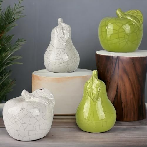 My-goodbuy24 Vintage Keramik Obstdeko Set 4-teilig - Charmante Birnen & Äpfel im Used Look - Rost - Grün/Weiß - Schaufensterdeko & Tischdeko - Einzigartige Unikate für Wohnkultur (Gemischt)