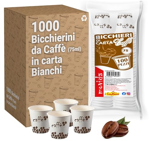GM 1000 Bicchieri da Caffè in Carta Bianchi con grafica caffe, Bicchieri da 75 ml, Biodegradabili Bicchieri Biocompostabili, Usa e Getta, Ideale per Casa, Ufficio, Asporto Bevande Calde