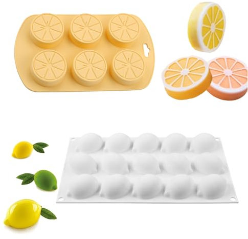 Gfamous 2 Stück Zitrone Silikon Kuchen Form,3D Zitrone Silikon Kuchen Form,Zitronen-Silikonform,Obstförmige Silikonform,für Seife, Eiswürfel, Süßigkeiten, Fondant, Schokolade(15 Löcher+6 Mulden)