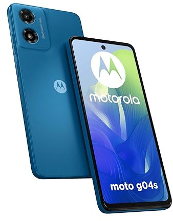 Moto G04s (4/128 GB, pantalla 6.56 pulgadas HD+ 90 Hz, compartimento para fotos de 50 MP, batería de 5000 mAh, carga inalámbrica de 15 W, IP52, Android 14, cargador y funda incluidos), color azul