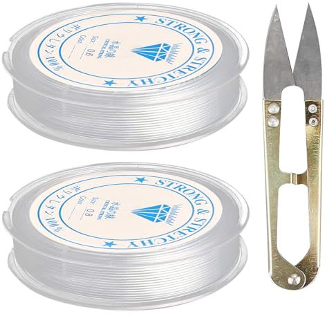 2 Pezzi Filo Elastico per Braccialetti Trasparente,0.6mm*15m,0.8mm*8m, Filo Elastico per Gioielli,Con 1 Paio di Forbici,Filo per Braccialetti Creazione Filo Nylon Elastico (Colore Forbici è Casuale)