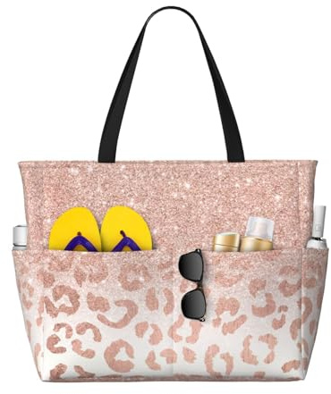 FLYIFE Strandtasche mit Glitzer-Aufdruck in Roségold, große Kapazität, Schultertasche, Reisetasche für Damen, mit 7 Taschen, faltbar, Schwarz , Einheitsgröße
