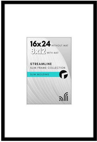 Americanflat 16x24 Poster Frame with Polished Plexiglass - Use as 8x12 Frame with Mat or Display 16x24 Photo Without Mat - Streamline Collection - Thin Border Picture Frames for Wall - Black