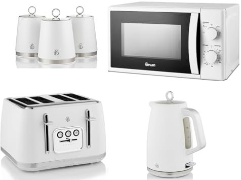 Swan Serenity White 1.7L 3KW Kettle, 4 Slice Toaster, Tea, Coffee Sugar Canisters and 20L 700W Manual Microwave SM4420WHT. Contemporary Matching Kitchen Set of 6 in White