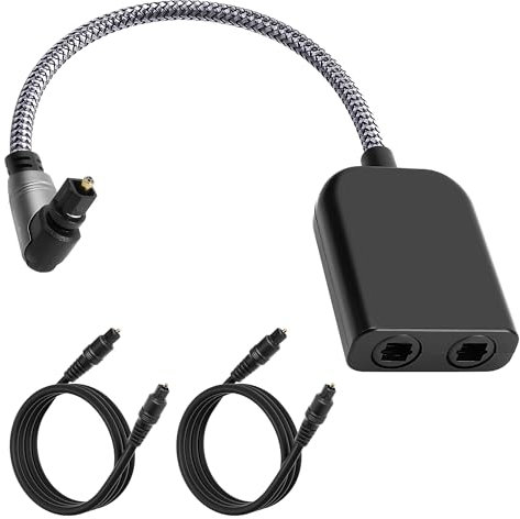 90 Degree Digital Optical Adapter Splitter 1 in 2 Out, Right Angle Toslink Digital Audio Fiber Optic Cable Splitter 1x2 for Soundbar, Headphones,TVs -with 2 Optical Audio Cables 6 Feet