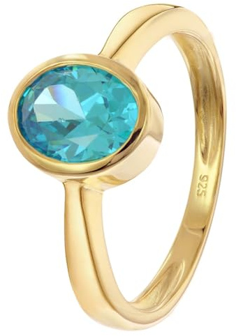 trendor Damenring 925 Silber Vergoldet Mit Synthetischem Blautopas 68950 | traumhaftes Schmuckstück für Frauen, edles Accessoire und schöne Geschenkidee,