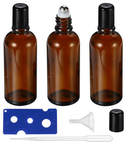 HEYLEAYAR 100ML Roller Bottles for Essential Oil, 3 Pack Empty Amber Glass Roller Bottle for Perfume Oil, Roll on Bottles with Stainless Steel Roller Balls, Opener, Funnel and Dropper