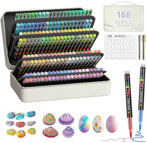 TrendGate 168+2 Colores Rotuladores Acrilicos Permanentes, Rotuladores de Pintura Acrílica Pincel para Pintar Piedras, Tela, Cerámica, Vidrio, Madera, Metal