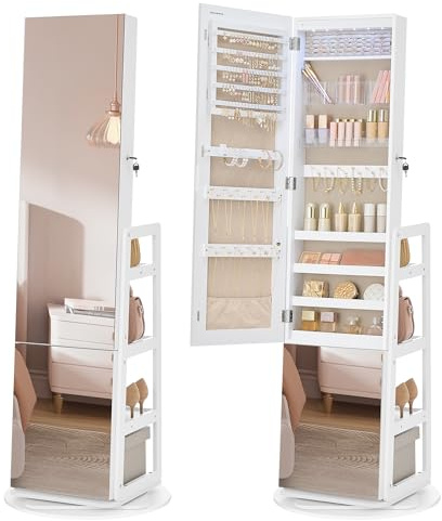SONGMICS Schmuckschrank, mit Ganzkörperspiegel, 360° drehbar, abschließbar | Spiegelschrank, Schmuckaufbewahrung, mit Schlüsseln, Schlafzimmer, Geschenkidee, Wolkenweiß, BERIT Kollektion JJC027WH01
