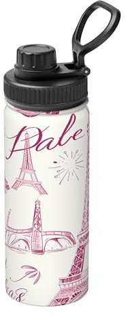 Retro Paris Bouteille d'eau isotherme en acier inoxydable avec poignée de transport pour sport, école, voyage, salle de sport, trajet 530 ml