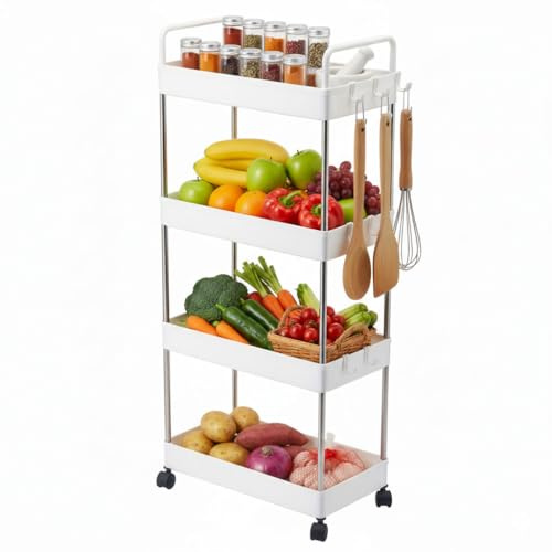 Taylor & Brown 4-Tier Plastic Rolling Storage Cart Utility Cart with Extra Hanging Clips Handles Lockable Wheels for Living Room Bathroom Kitchen Office, White