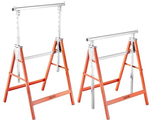 VEVOR Saw Horses, 2 Pack Folding Work Horses, 440 lbs Load Capacity Sawhorse with Heavy Duty Legs, Adjustable Height Saw Horse with Non-Slip Foot Pads, for Woodworking, Carpenters & Contractors