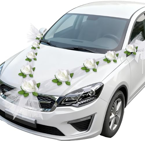 Autoschmuck Hochzeit,DIY Hochzeitsauto Dekorat | Hochzeitsdeko Auto mit 9 Seidenimitat Chiffonrosen mit Saugnäpfen, 2 x 1,6 m Lange Bänder, 2 x Autoschleifen Hochzeit.