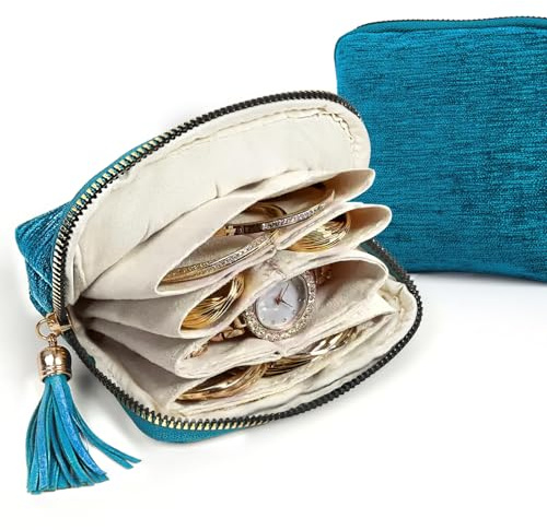 BelleFlair Samt Schmuckaufbewahrung Reise, 5 Fächer Reise Schmuck Organizer mit Quaste, Mini Travel Jewelry Bag für Armbänder, Ringe, Weicher Schmuckbeutel mit Reißverschluss (Style B)