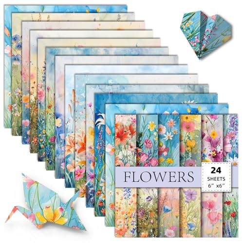 BRTNUP 24 Sheets Scrapbook Paper, 6 x 6 Watercolor Floral Decoupage Paper Sheets Scrapbook Background Papers Pad Scrapbooking Papers Pads Floral Pattern Papers for Crafting Decoupage DIY