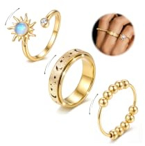 CASSIECA 3Pcs Anti Stress Ring Anxiety Ring Damen Edelstahl Spinner Ringe | Anxiety Spinner Ringe Gold Silber Wasserfest Mondstein Sonnenblumen Stimmungsring Eheringe Daumenring Schmuck Größen 52-62