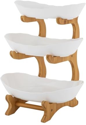 Bennanmu Fruit Bowl, 3 Tier Fruit Holder for Kitchen Countertop, Vegetable Organizer with Bamboo Stand, Large Capacity Fruit Basket Set (White)