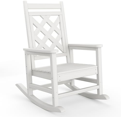Garvee Silla Mecedora de Exterior HDPE con Veta Madera, Sillón Balancín para Jardín Ergonómico con Respaldo Cuadrado y Rejilla, Butaca de Terraza Resistente a Intemperie y UV, 73x85x95 cm, Blanco
