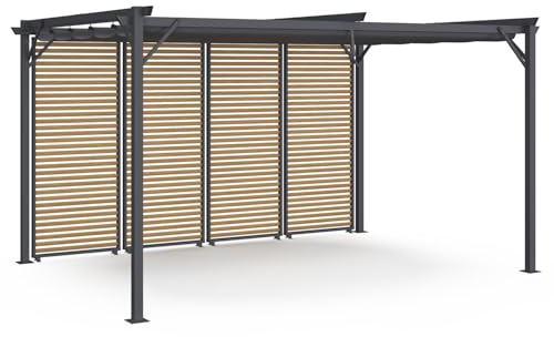 IDMarket - Pergola avec 4 persiennes Effet Bois et Toit rétractable 3x4M | Avec persiennes horizontales, effet bois, toit rétractable 3x4m, 4 pans modulables gris anthracite