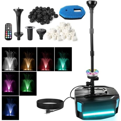 Fontana per laghetto con chiarificatore UV e luci a LED, pompa a fontana da 3300 l/h 45 W e filtro per laghetto, luci con telecomando RGB, ugelli a 3 motivi per la cura del laghetto da giardino