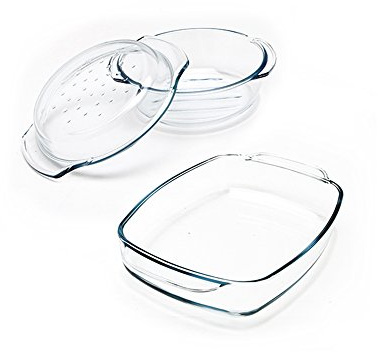 Van Well Auflaufformen Set 3-teilig aus Glas mit Deckel – 1,7 l & 2,3 l – hitzebeständig, ofenfest & spülmaschinengeeignet – Glas Auflaufform Set für Lasagne, Gratin, Braten & Dessert