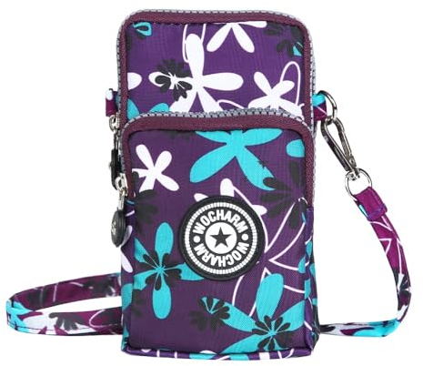 Best World 4 Yu Lightweight Nylon Crossbody Bag Cellphone Wallet for Women Girls Mini Shoulder Purse, Small Bag for Dog Walking with Long Strap(Purple Windmill Leaf)