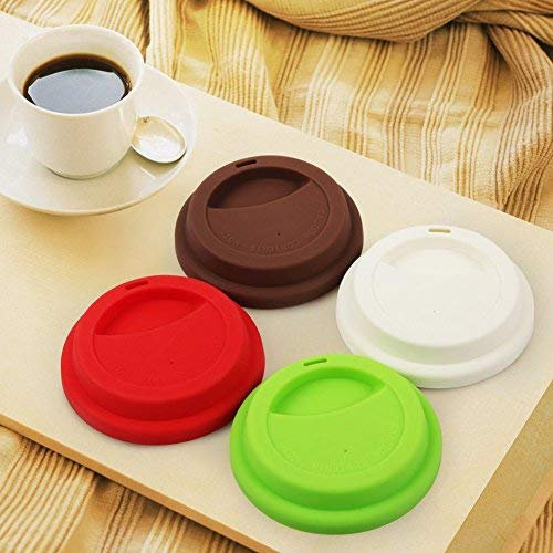 Glodenbridge Reusable Silicon Coffee Cup Lid, 4 Pack, Suitable for Cup's Diameter 8.8-9.2cm/3.46-3.62inch, Modern Style, White, Green, Red, Coffee, Dishwasher Safe