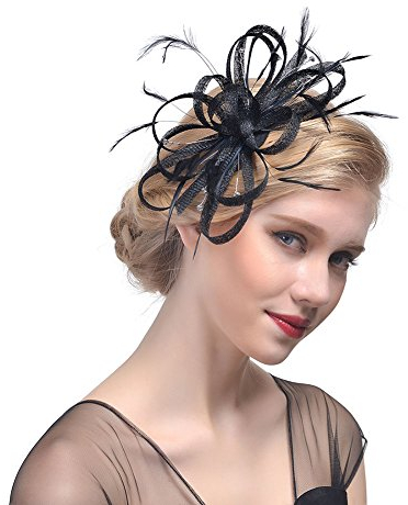 Amorar Damen Fascinator Hair Clip Hut Bankett Hut Stirnband Feder Blume Schleier Bowler Braut Hut für Cocktail Hochzeit (Schwarz)