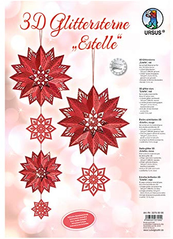 Ursus 33750000 - Glitterstern 3D Estelle, rot, Material für 3 Sterne, in verschiedenen Größen, inklusive Sternen Accessoires und Bastelanleitung, ideal für die weihnachtliche Bastelzeit