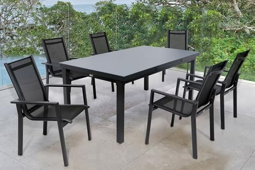 OUTFLEXX Esstischgarnitur, anthrazit matt, Alu/Textilene, Tisch 180/240x100cm, 6 Stapelsessel