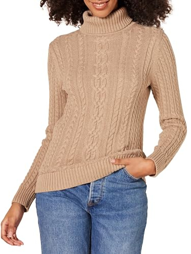 Amazon Essentials Women's Cable Knit Turtle Neck Jumper (Available in Plus Size), Camel Heather, S