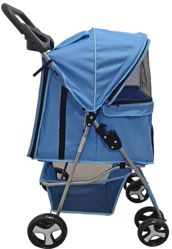 Foldable Pet Stroller with Weather Protection and Swivel Wheels 15 kg Carrying Capacity (Blue)
