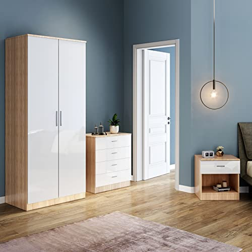 ELEGANT High Gloss Home Closet 2 Door Wardrobe with 4 Drawer Chest and Bedside Cabinet, Furniture Set for Bedroom Storage, White on Oak
