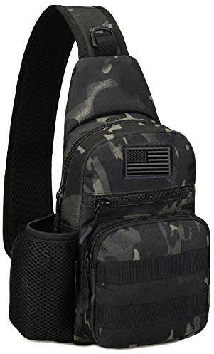 Protector Plus Taktische Sling Bag Military MOLLE Crossbody Pack Brust Schulter Rucksack (Patch im Lieferumfang enthalten), Schwarz-Camo, Medium, Laptop