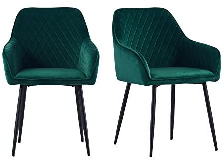 JYMTOM 2er-Set Samt Esszimmerstuhl Esszimmersessel aus Samtstoff Wohnzimmerstuhl Retro Design Armlehnstuhl Stuhl mit Rückenlehne Sessel mit schwarzen Metallbeine(grün)