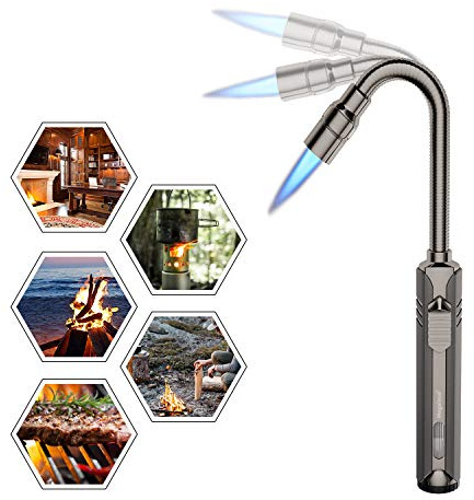 Butane Lighter Torch Long Lighter Refillable Jet Lighter Windproof Lighter with Visual Fuel Window Flexible Neck Lighter for Grill Fireplace Stove Camping Kitchen (No Butane Included) - Black