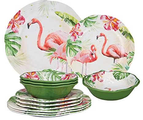 UP ware Juego de vajilla de melamina de 12 piezas, incluye platos de cena, platos de ensalada, tazones, servicio para 4