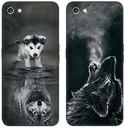 DiaryTown 2 Pack Hülle für iPhone 6 / iPhone 6S - Liquid Silikon Schutzhülle Ultra Dünn TPU Bumper Rundumschutz Schwarz Case - Hund & Wolf