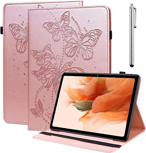 GLANDOTU Samsung Galaxy Tab A7 Lite Case 8.7 inch (SM-T220/SM-T225), Pen Holder Fold Stand Function Cover, Embossed butterfly Folio Flip Wallet PU Leather Tablet Case (with Stylus pen) 【Rose】