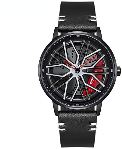 RWXCOW Auto Rad Felgen Nabenuhr - Hohl wasserdicht Sport Uhr für Herren Geschenke Armbanduhren, wasserdichte Edelstahl Armbanduhr, wasserdichte Edelstahl Armbanduhr.Lederarmband(roterZeiger)