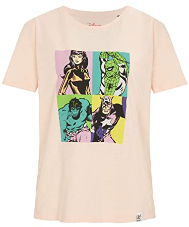 Recovered Damen Marvel Pop Art Portrait Print Pale Pink Womens Fitted T-shirt by Recovered L T Shirt, Rosa, L EU