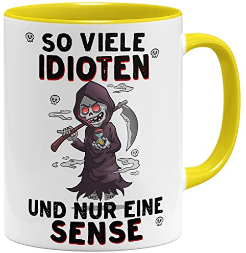 OM3® lustige Sensenmann Kaffee-Tasse mit Spruch - So viele Idioten und nur eine Sense - Sarkasmus - Keramik Becher - 325ml - Beidseitig Bedruckt - Gelb